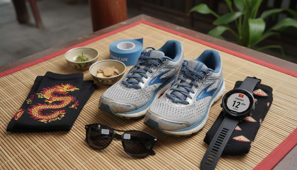 Ảnh flatlay chuyên nghiệp sắp xếp các phụ kiện chạy bộ: Một đôi giày dòng Stability, bó bắp chân, cuộn băng dán cơ K-tape, và một chiếc đồng hồ Garmin hiển thị thông số Cadence. Ánh sáng studio tinh tế.