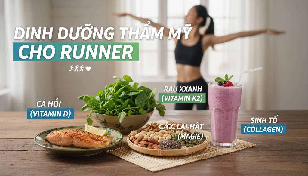 Infographic thẩm mỹ về dinh dưỡng cho runner. Hình ảnh các loại thực phẩm như cá hồi (giàu Vitamin D), rau xanh (Vitamin K2), các loại hạt (Magie) và một ly sinh tố Collagen. Bố cục hài hòa, dễ nhìn.