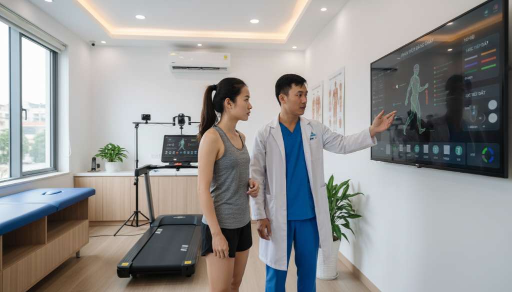 Ảnh chụp trong phòng khám y học thể thao hiện đại. Bác sĩ đang chỉ cho runner xem kết quả phân tích dáng chạy trên màn hình máy tính. Không gian chuyên nghiệp, tin cậy.