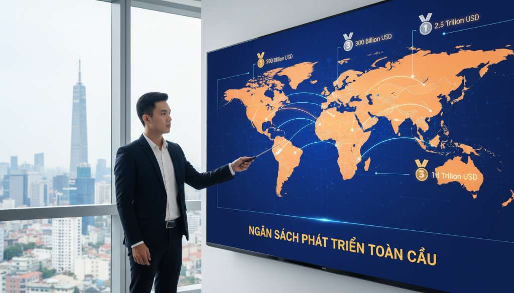 Một bản đồ thế giới phong cách infographic hiện đại. Trên bản đồ có các biểu tượng huy chương và các con số ngân sách tương ứng với các khu vực: Đông Nam Á, Nhật Bản, Châu Âu và Mỹ. Màu sắc chủ đạo là xanh dương và cam năng động.