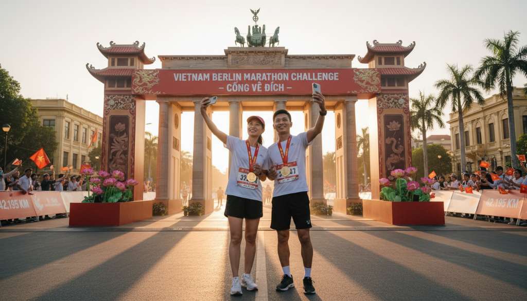 Ảnh chụp hai vận động viên đang vui mừng check-in tại cổng về đích của giải Berlin Marathon với tấm huy chương trên cổ, phía sau là cổng Brandenburg lịch sử, ánh sáng rực rỡ buổi chiều.