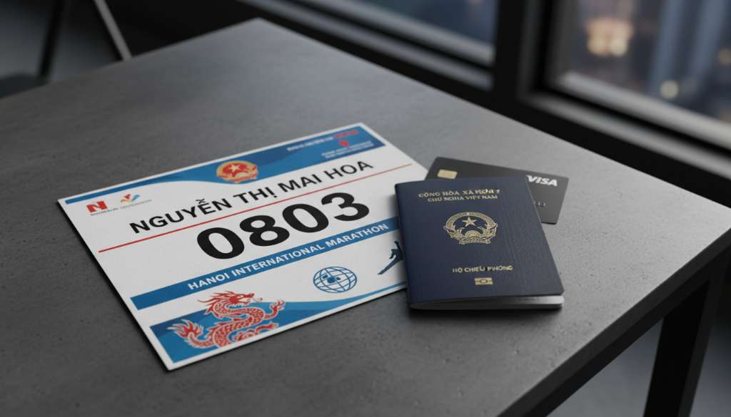 Cận cảnh một chiếc BIB marathon quốc tế có in tên vận động viên, đặt bên cạnh hộ chiếu Việt Nam và một chiếc thẻ tín dụng trên nền mặt bàn tối giản, tạo cảm giác chuyên nghiệp.