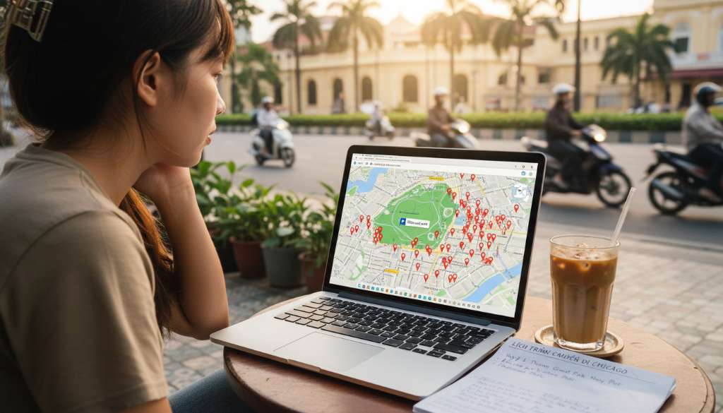 Một bản đồ thành phố Chicago trên màn hình laptop, với các điểm đánh dấu khách sạn màu đỏ tập trung dày đặc xung quanh công viên Grant Park (vạch xuất phát), bên cạnh là một ly cà phê và lịch trình chuyến đi.