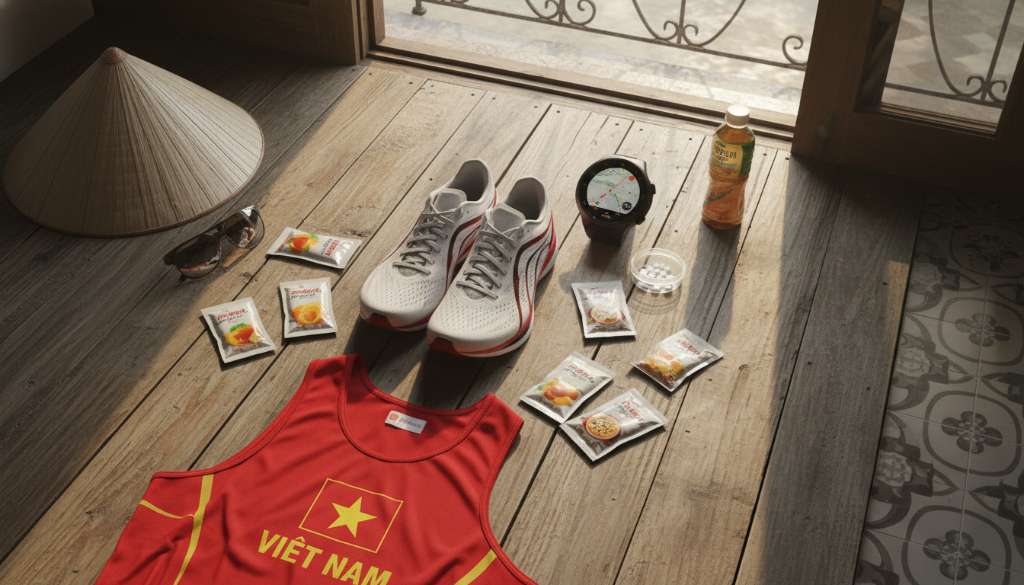 Ảnh flatlay nghệ thuật sắp xếp các vật dụng: Một đôi giày chạy carbon siêu nhẹ, 6 gói gel năng lượng các vị, viên muối, đồng hồ thông minh và một bộ quần áo thi đấu có in cờ Việt Nam.
