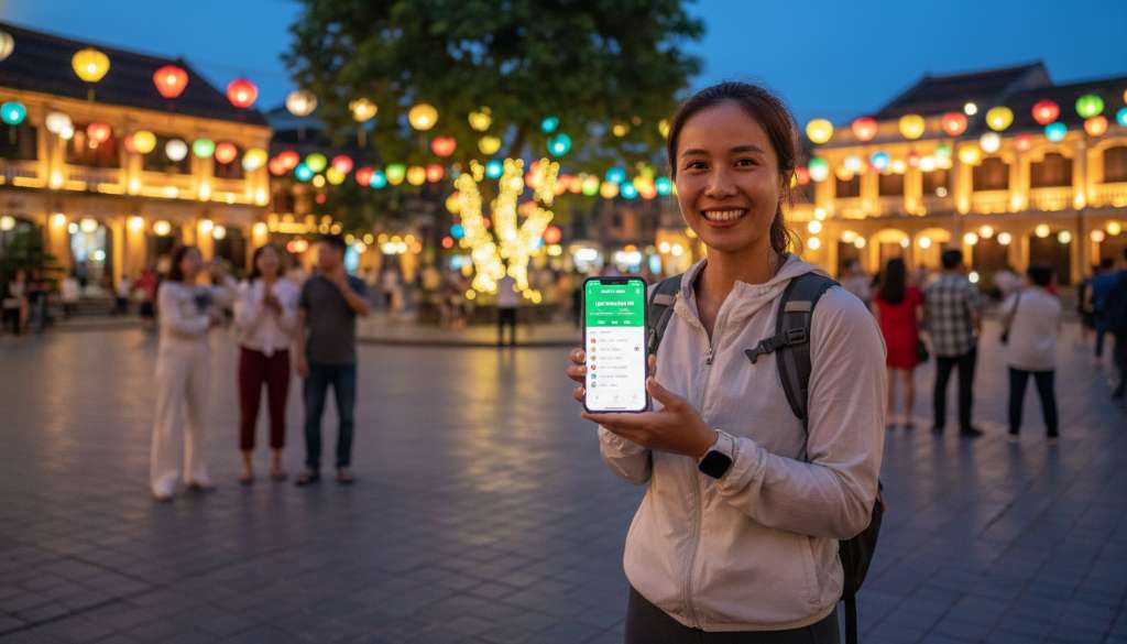 Một vận động viên đang mỉm cười rạng rỡ, tay cầm điện thoại hiển thị ứng dụng lịch trình chuyến đi, phía sau là khung cảnh quảng trường rực rỡ ánh đèn của một thành phố Châu Âu cổ kính.