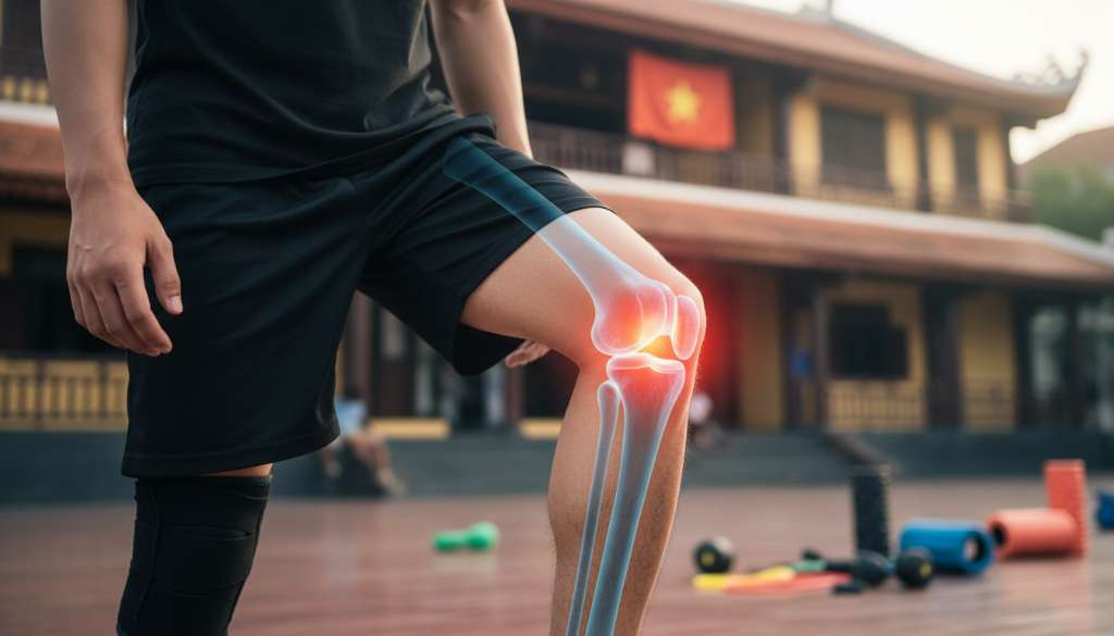 Ảnh chụp cận cảnh khớp gối của một vận động viên đang co chân, có hiệu ứng đồ họa 3D xuyên thấu hiển thị xương bánh chè đang trượt trong rãnh xương đùi, vùng sụn xung quanh phát sáng màu đỏ để chỉ rõ vị trí kích ứng.