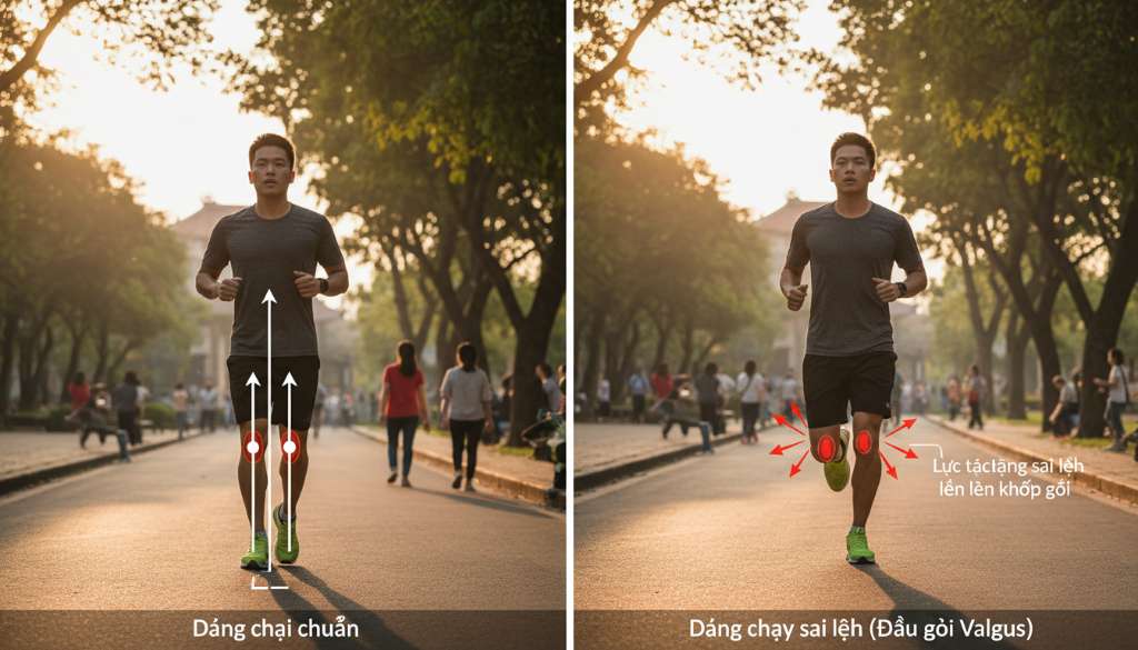 Hình ảnh so sánh hai khung hình chạy bộ: một bên là dáng chạy chuẩn thẳng hàng, một bên là dáng chạy có đầu gối bị vẹo vào trong (Valgus), kèm theo các mũi tên chỉ hướng lực tác động sai lệch lên khớp gối.