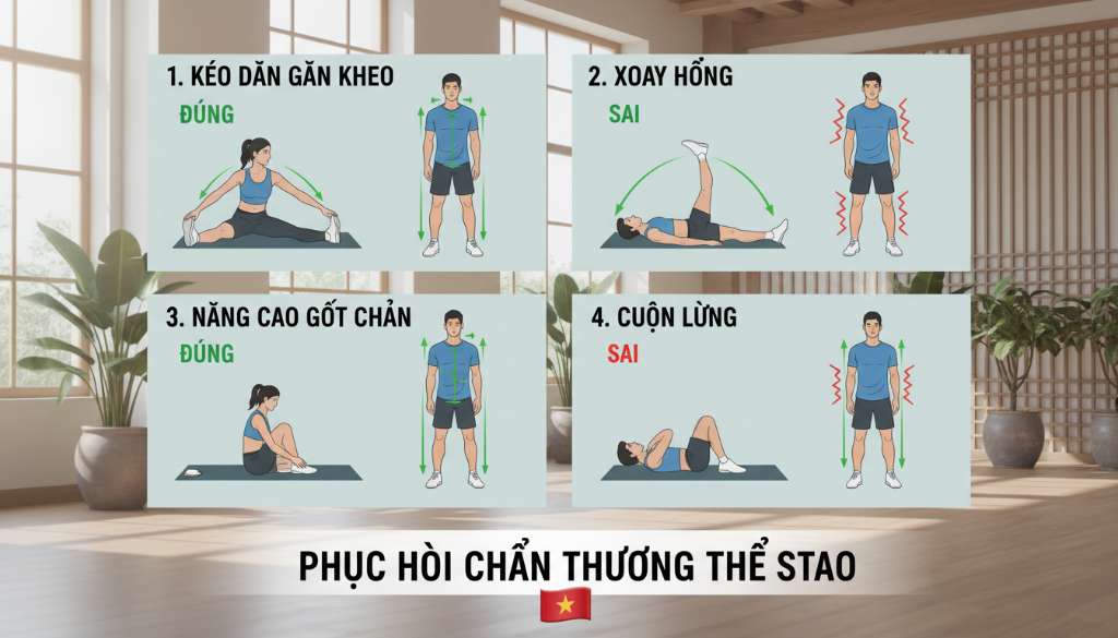 Infographic phong cách tối giản, hiện đại hướng dẫn 4 bài tập phục hồi chính với người mẫu là vận động viên chuyên nghiệp, có các đường kẻ chỉ dẫn kỹ thuật đúng và sai.