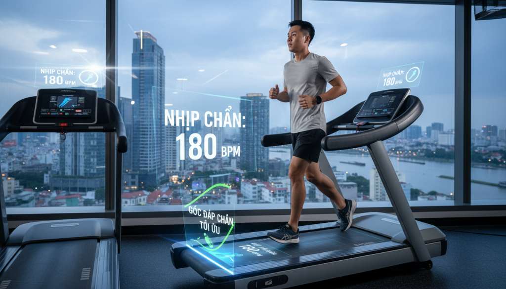 Hình ảnh một runner đang chạy trên máy chạy bộ với các cảm biến kỹ thuật số hiển thị nhịp chân 180 bpm, mô phỏng góc đáp chân tối ưu giúp giảm tải cho đầu gối.