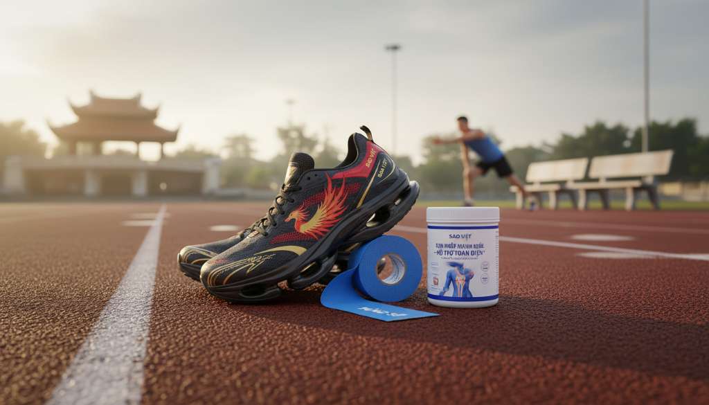 Một bức ảnh tĩnh vật nghệ thuật sắp đặt đôi giày chạy bộ cao cấp, một cuộn băng Kinesio xanh dương và một hộp thực phẩm chức năng hỗ trợ khớp trên nền mặt đường chạy track.