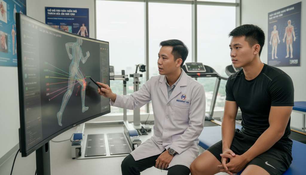 Một buổi tư vấn chuyên nghiệp tại trung tâm y tế thể thao, bác sĩ đang sử dụng màn hình phân tích chuyển động để giải thích cho vận động viên về các chỉ số sinh học của đầu gối khi chạy.