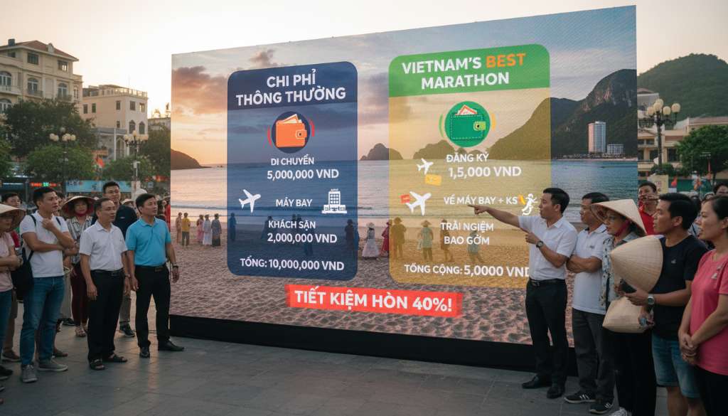 Đồ họa thông tin (Infographic) so sánh hai cột chi phí với các biểu tượng ví tiền, máy bay, và khách sạn được thiết kế hiện đại, màu sắc năng động đặc trưng của Vietnam's Best Marathon.