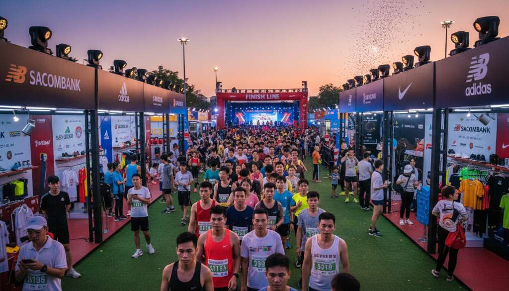 Phóng sự ảnh tại khu vực Expo của một giải chạy lớn, hàng dài runner hào hứng check-in, các gian hàng thương hiệu thể thao rực rỡ ánh đèn và không khí lễ hội sôi động.