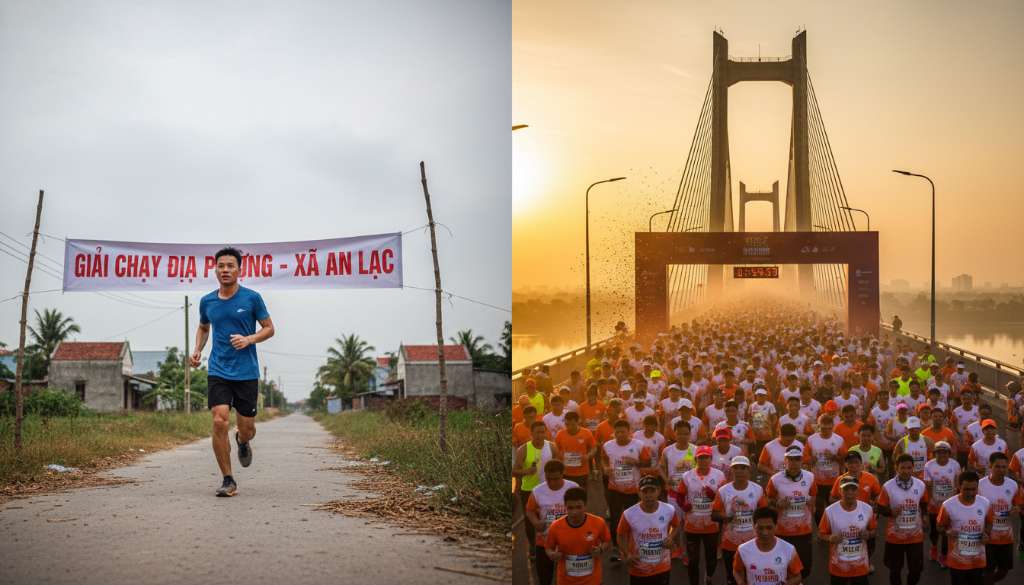 Ảnh chụp góc thấp (low-angle) một runner đang bứt tốc trên con đường vắng vẻ ở ngoại ô (giải địa phương) đối lập với ảnh một nhóm runner đông đúc đang chạy qua một cây cầu biểu tượng trong ánh bình minh rực rỡ.