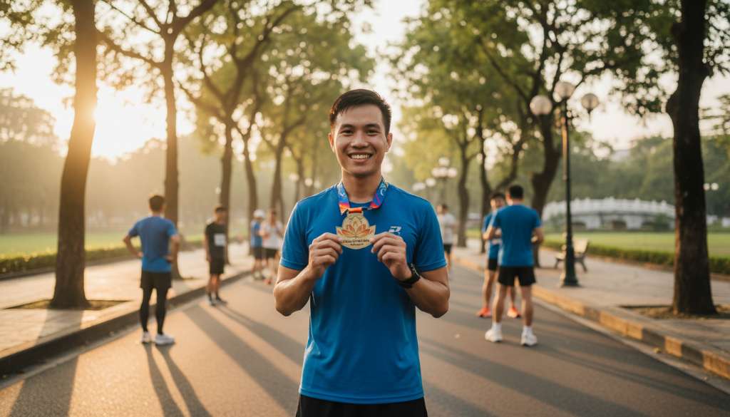 Một runner trẻ tuổi đang mỉm cười rạng rỡ, tay cầm huy chương đầu đời tại một giải chạy công viên nhỏ, ánh mắt đầy tự hào và quyết tâm.