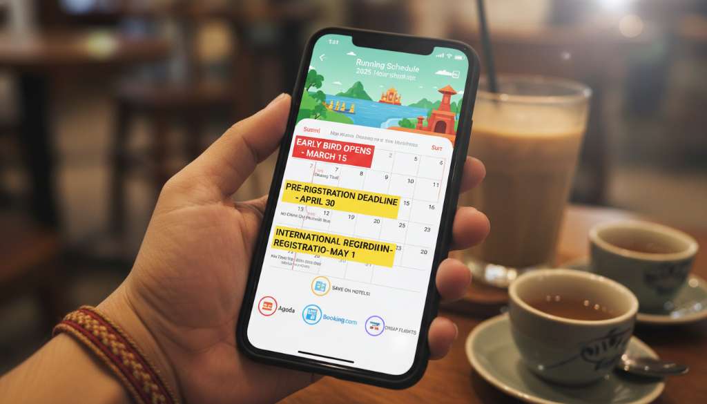Ảnh chụp màn hình điện thoại đang hiển thị lịch trình giải chạy năm 2025 với các ghi chú về ngày mở bán Early Bird và các ứng dụng đặt phòng giá rẻ.