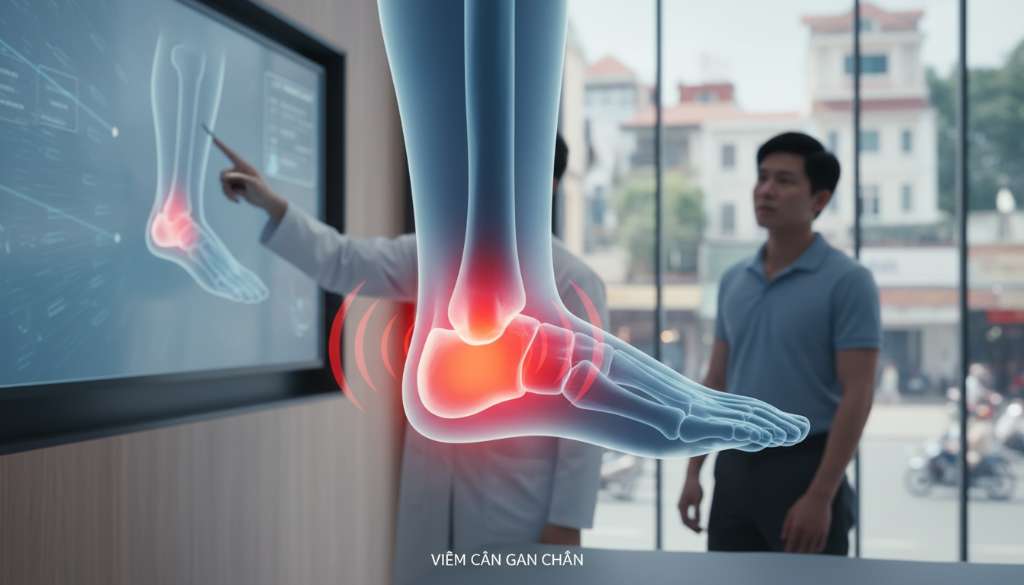 Hình ảnh đồ họa y khoa 3D mô phỏng bàn chân người. Dải cân gan chân được hiển thị rõ nét nối từ xương gót đến các ngón chân. Điểm bám ở xương gót có màu đỏ rực để chỉ thị vùng viêm, xung quanh là các mô phỏng sóng đau tỏa ra. Phong cách tối giản, hiện đại.