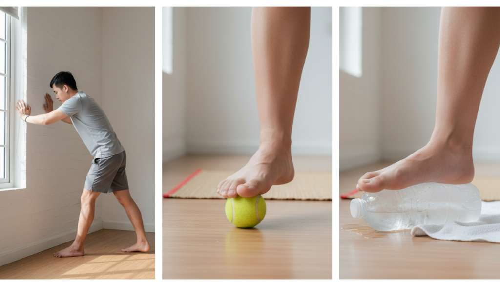 Một bộ ảnh ghép (collage) gồm 3 khung hình: 1. Một người đang thực hiện động tác giãn cơ bắp chuối vào tường. 2. Bàn chân đang lăn trên một quả bóng tennis màu vàng. 3. Bàn chân đang đặt trên một chai nước đá lạnh. Tông màu sáng, sạch sẽ, tạo cảm giác thư giãn.