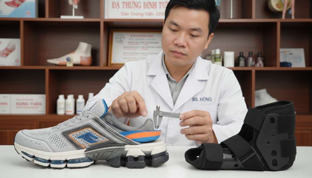 Ảnh chụp cận cảnh một chiếc giày chạy bộ hiện đại được cắt lớp để lộ phần đệm gót (cushion) dày và lót giày chỉnh hình bên trong. Bên cạnh là một chiếc nẹp đêm chuyên dụng. Ánh sáng studio chuyên nghiệp, làm rõ các chi tiết kỹ thuật của vật liệu.