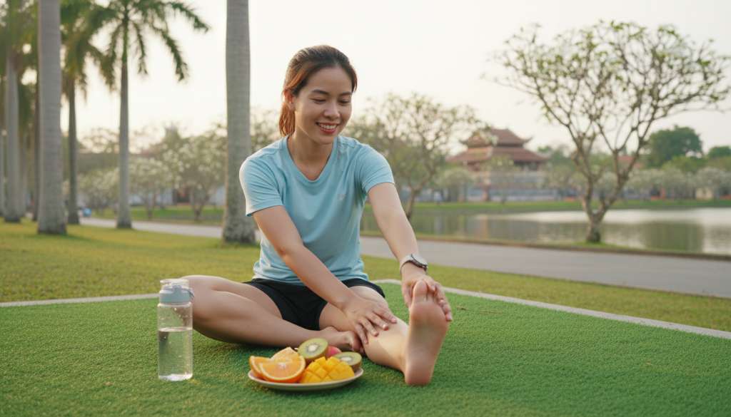 Một runner đang ngồi trên thảm cỏ xanh sau buổi tập, mỉm cười và đang nhẹ nhàng thực hiện động tác căng giãn bàn chân. Bên cạnh là một bình nước và một đĩa trái cây giàu Vitamin C. Khung cảnh thanh bình, tràn đầy sức sống.