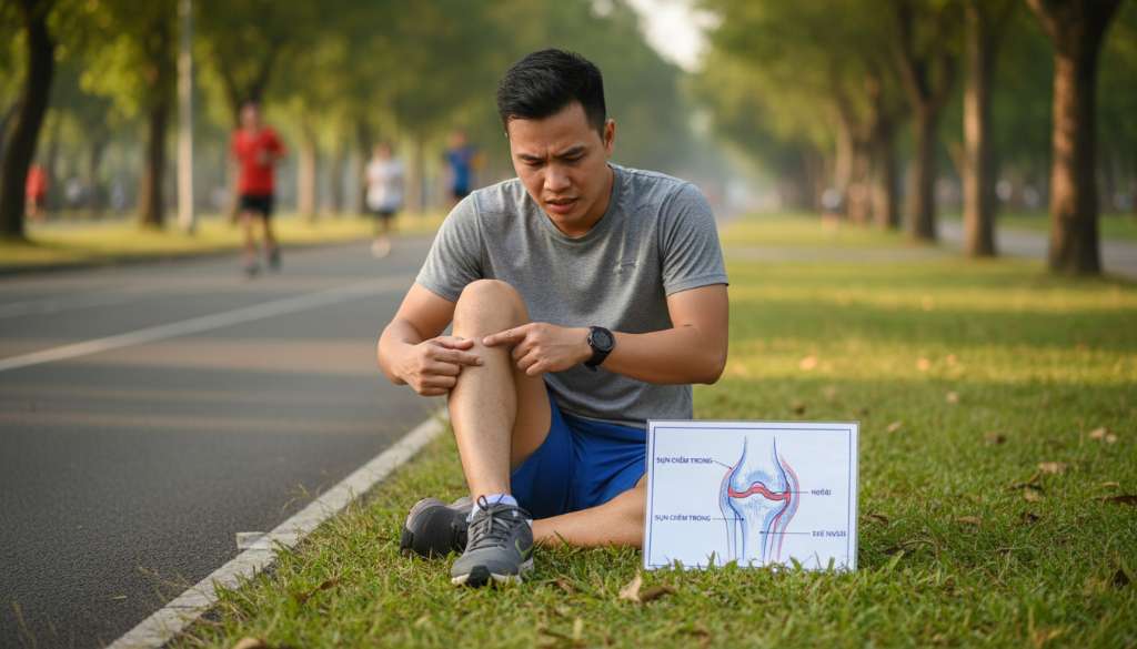 Ảnh minh họa một runner đang ngồi trên thảm cỏ ven đường chạy, tay chỉ vào vị trí khe khớp gối với vẻ mặt lo lắng. Bên cạnh là sơ đồ giải phẫu đơn giản chỉ ra vị trí sụn chêm trong và ngoài. Ánh sáng tự nhiên, phong cách ảnh báo chí thể thao.