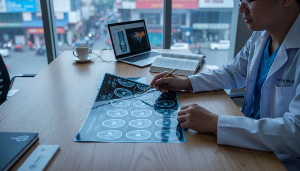 Ảnh chụp phim MRI đầu gối đặt trên bàn làm việc của bác sĩ thể thao, có bút chì chỉ vào vết rách sụn chêm rõ nét. Ánh sáng phòng khám chuyên nghiệp, tông màu xanh y tế.