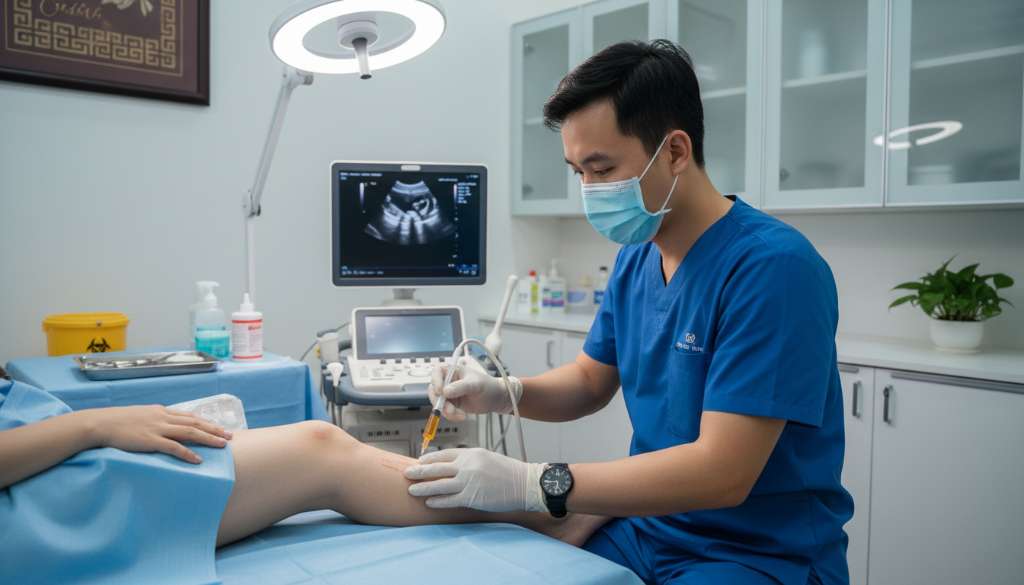 Một quy trình tiêm PRP chuyên nghiệp, bác sĩ đang tiêm vào vùng khớp gối dưới sự hướng dẫn của siêu âm. Ánh sáng tập trung, phong cách hiện đại, sạch sẽ.