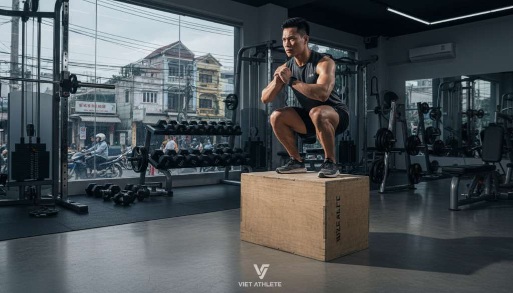 Runner đang thực hiện bài tập Single-leg squat trên một bục gỗ trong phòng gym chuyên nghiệp. Cơ bắp chân săn chắc, biểu cảm tập trung cao độ. Ánh sáng studio mạnh mẽ.