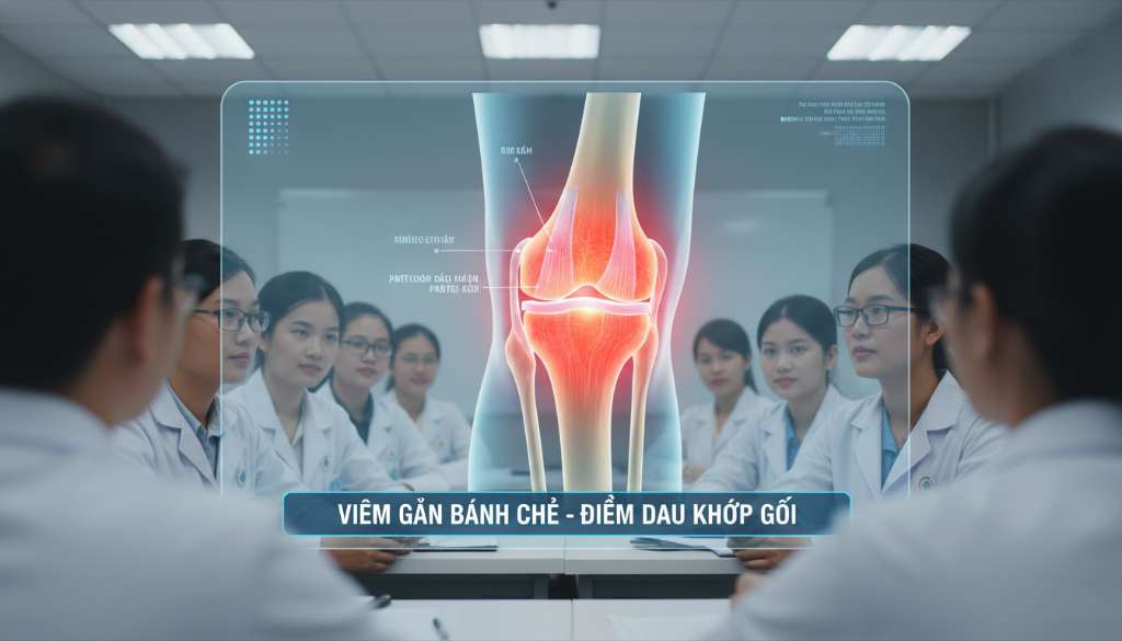 Ảnh minh họa đồ họa 3D giải phẫu khớp gối người. Tập trung vào dải gân nối từ xương bánh chè xuống xương chày. Vùng gân bị viêm được tô màu đỏ rực để người đọc dễ dàng định vị vị trí đau so với các bộ phận khác như dây chằng chéo hay sụn chêm.