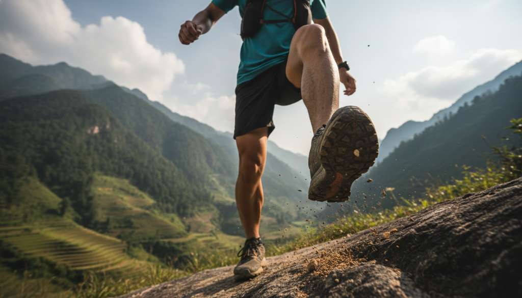Ảnh một runner đang chạy trên địa hình dốc đá (Trail running). Góc máy thấp từ dưới lên, tập trung vào khoảnh khắc bàn chân tiếp đất và đầu gối đang chịu lực ép lớn. Bối cảnh núi non hùng vĩ nhưng tập trung tiêu cự vào sự căng thẳng của các nhóm cơ chân.