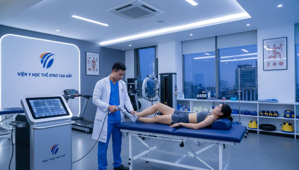 Một không gian phòng khám y học thể thao hiện đại, sang trọng. Bác sĩ đang sử dụng đầu máy sóng xung kích (Shockwave) tác động lên vùng đầu gối của một vận động viên. Ánh sáng xanh dịu nhẹ, trang thiết bị y tế hiện đại, thể hiện sự chuyên nghiệp và tin cậy.
