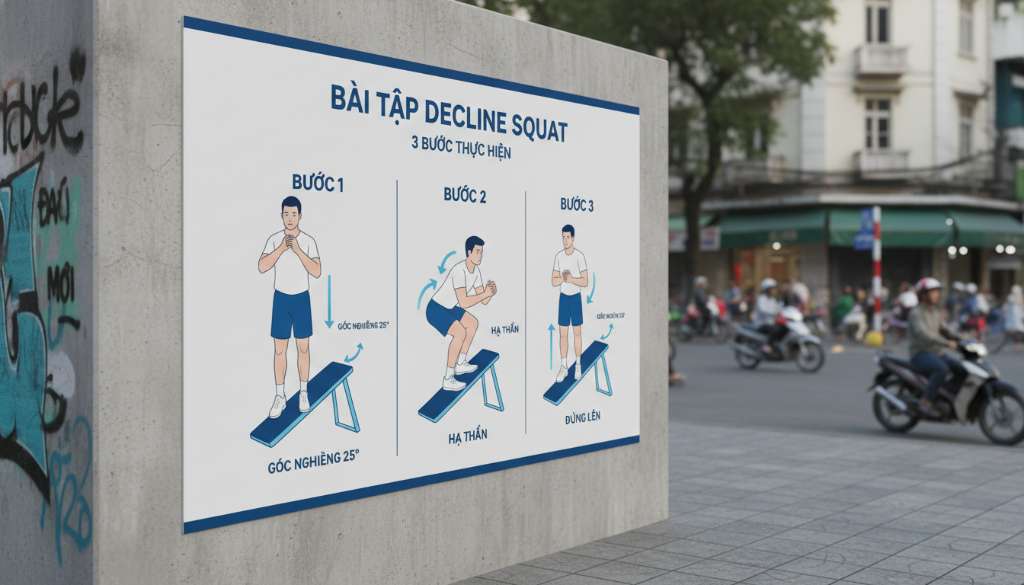 Infographic thiết kế theo phong cách tối giản, hiện đại. Minh họa 3 bước thực hiện bài tập Decline Squat. Hình vẽ vector rõ ràng, có mũi tên chỉ hướng chuyển động và góc nghiêng 25 độ của sàn. Màu sắc thương hiệu xanh dương và trắng.