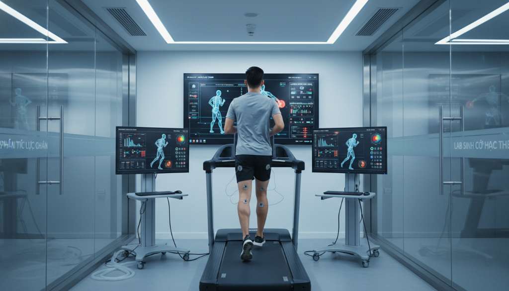 Một runner đang chạy trên máy chạy bộ trong phòng Lab hiện đại. Xung quanh chân và lưng có gắn các cảm biến nhỏ. Trên màn hình máy tính hiển thị các biểu đồ lực và khung xương 3D đang chuyển động. Không gian đậm chất công nghệ y học thể thao.