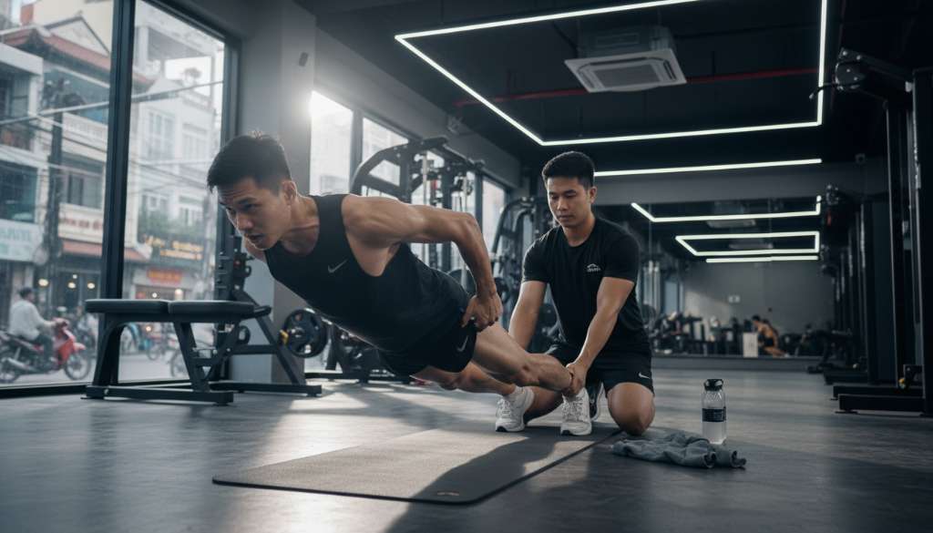 Một runner nam đang thực hiện bài tập Nordic Hamstring Curl trên thảm tập yoga chuyên dụng, có huấn luyện viên hỗ trợ giữ chân. Ánh sáng phòng gym hiện đại, tập trung vào sự gồng gánh của nhóm cơ đùi sau.