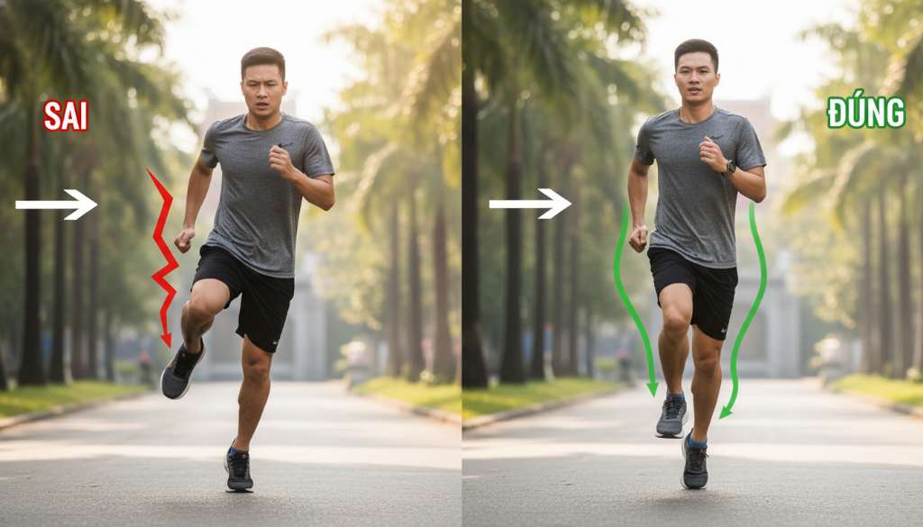 Hình ảnh so sánh đồ họa về hai tư thế tiếp đất: Một bên là tiếp đất bằng gót chân xa người (sai) và một bên là tiếp đất bằng bàn chân ngay dưới hông (đúng). Các đường line màu xanh và đỏ thể hiện áp lực phản hồi từ mặt đất lên đùi sau.