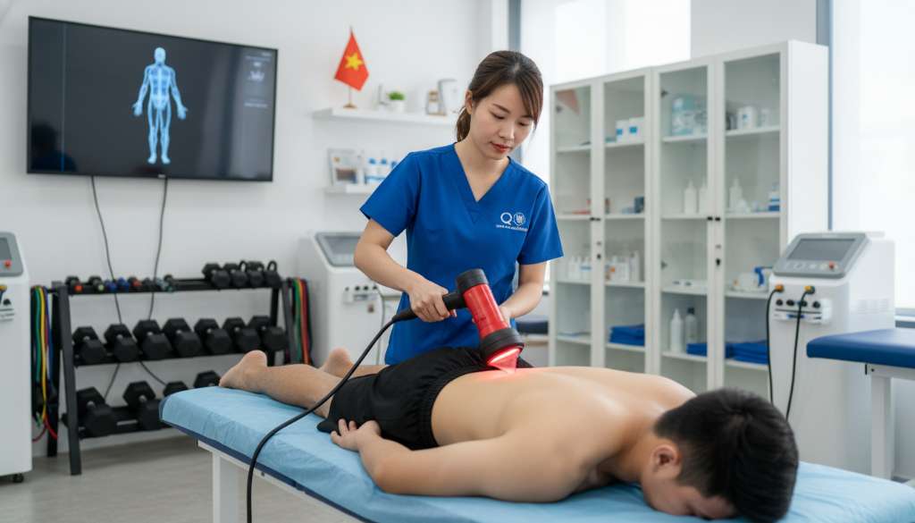 Một kỹ thuật viên vật lý trị liệu đang sử dụng thiết bị sóng xung kích cầm tay lên vùng đùi sau của bệnh nhân. Bối cảnh phòng khám y khoa thể thao hiện đại, sạch sẽ với các trang thiết bị tiên tiến.