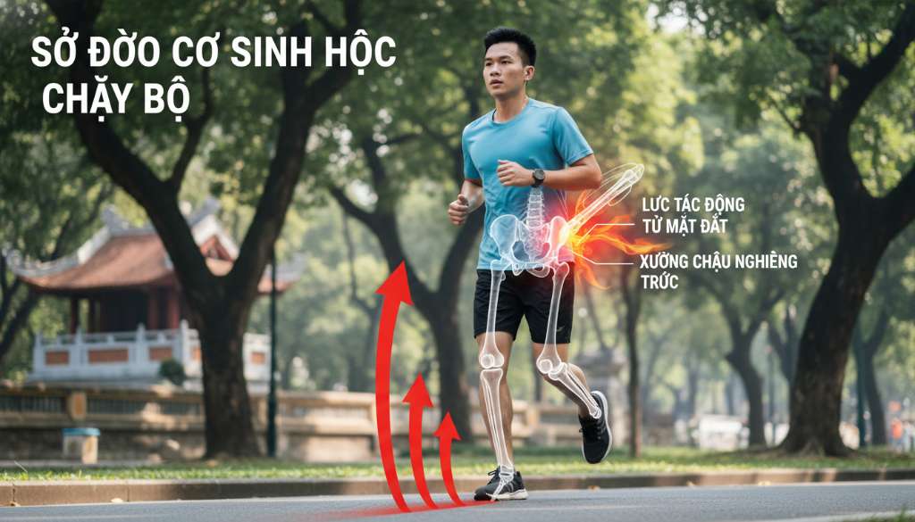 Hình ảnh minh họa sơ đồ cơ sinh học của một người đang chạy bộ. Các mũi tên màu đỏ chỉ hướng lực tác động từ mặt đất lên gót chân, qua gối và dừng lại ở vùng thắt lưng bị đỏ rực. Hình ảnh mô tả rõ tư thế xương chậu bị nghiêng về phía trước.