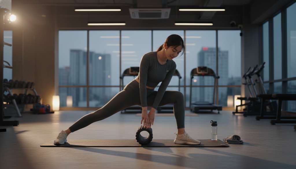 Một runner đang thực hiện động tác thư giãn trên thảm tập, sử dụng con lăn Foam Roller ở vùng mông. Ánh sáng trong phòng tập gym hiện đại, tập trung vào sự thoải mái và phục hồi.