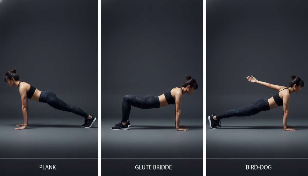 Một bộ ảnh ghép (collage) 3 khung hình hướng dẫn thực hiện động tác Plank, Glute Bridge và Bird-dog. Người mẫu mặc đồ thể thao chuyên nghiệp, động tác chuẩn xác, phông nền tối giản để làm nổi bật tư thế.