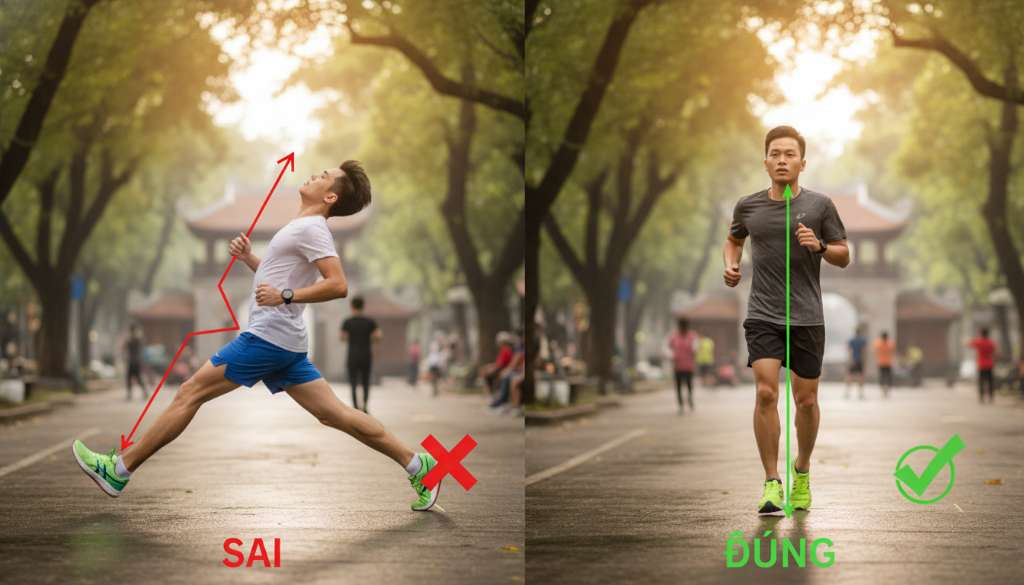 Ảnh so sánh hai khung hình (Side-by-side). Bên trái là một runner tiếp đất bằng gót chân với sải chân quá dài (sai). Bên phải là một runner tiếp đất bằng giữa bàn chân, trục cơ thể thẳng và sải chân gọn gàng (đúng). Có các đường kẻ đồ họa minh họa trục cơ thể.