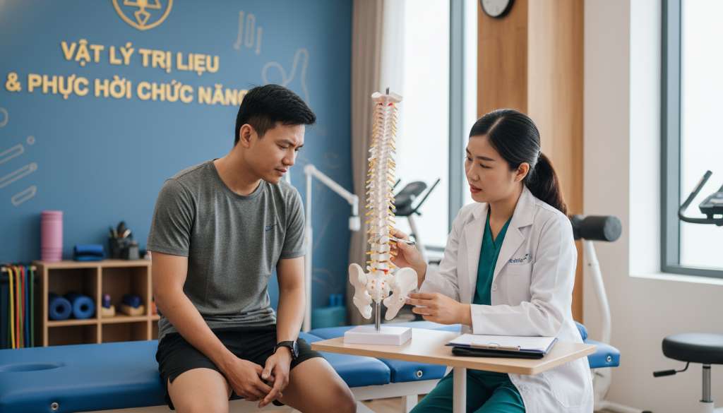 Một runner đang ngồi trao đổi cùng bác sĩ vật lý trị liệu chuyên nghiệp. Bác sĩ đang chỉ vào mô hình cột sống để giải thích. Không gian y tế hiện đại, chuyên nghiệp, tạo cảm giác tin cậy.