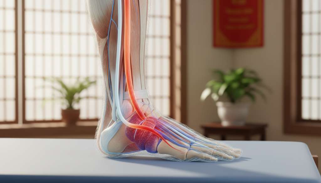 Hình ảnh minh họa giải phẫu 3D vùng cổ chân, làm nổi bật đường đi của gân cơ chày sau từ bắp chân, vòng qua sau mắt cá trong và bám vào các xương lòng bàn chân. Sử dụng màu sắc tương phản để phân biệt gân khỏe mạnh và vùng bị viêm.