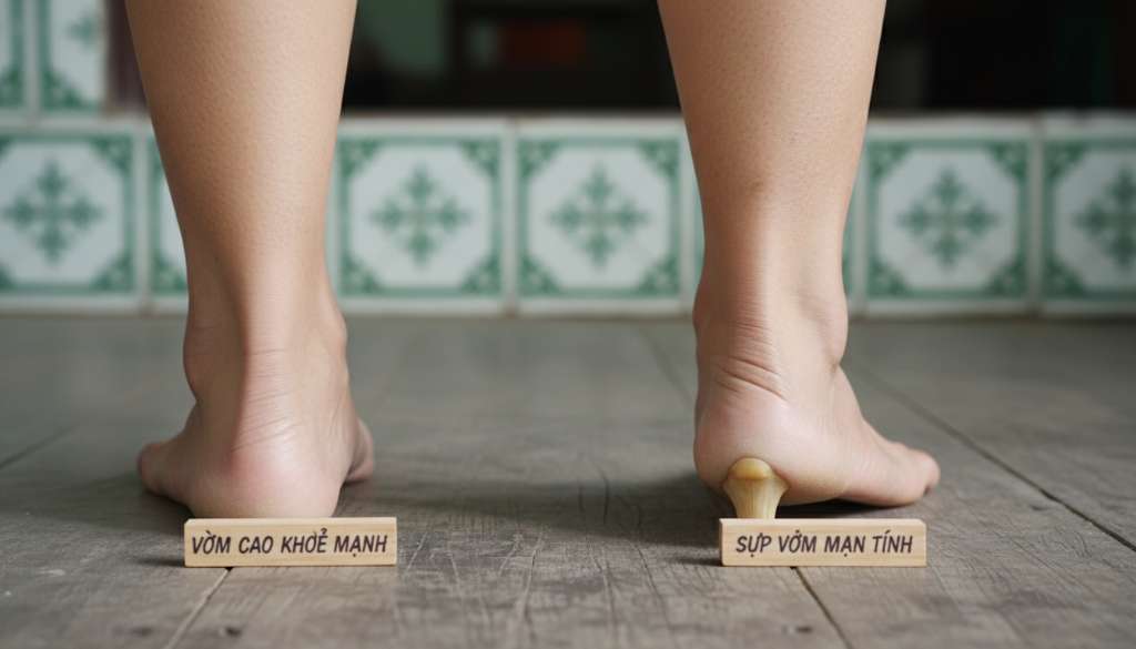 Ảnh so sánh thực tế giữa một bàn chân có vòm cao khỏe mạnh và một bàn chân bị sụp vòm do viêm gân chày sau mạn tính, chụp từ góc độ phía sau gót chân để thấy rõ độ lệch.