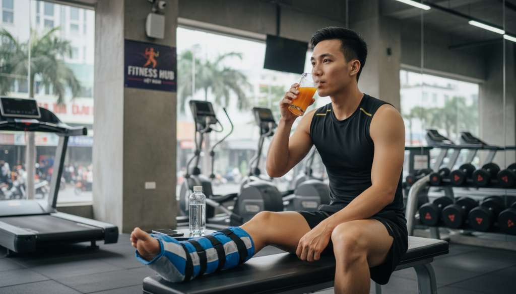 Một runner đang ngồi thư giãn, sử dụng túi chườm đá chuyên dụng cho vùng cổ chân và uống một ly nước ép giàu Vitamin C, bối cảnh phòng tập gym hiện đại.