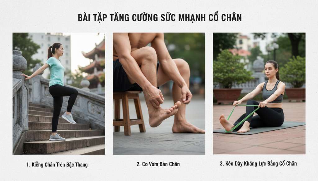 Infographic thiết kế sạch sẽ, minh họa 3 động tác bài tập: kiễng chân trên bậc thang, co vòm bàn chân và kéo dây kháng lực bằng cổ chân.