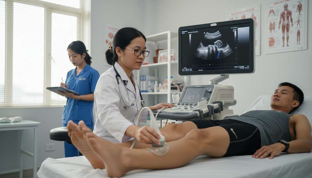 Bác sĩ chuyên khoa đang sử dụng máy siêu âm chẩn đoán để kiểm tra mức độ tổn thương của gân chày sau cho một vận động viên chạy bộ chuyên nghiệp.