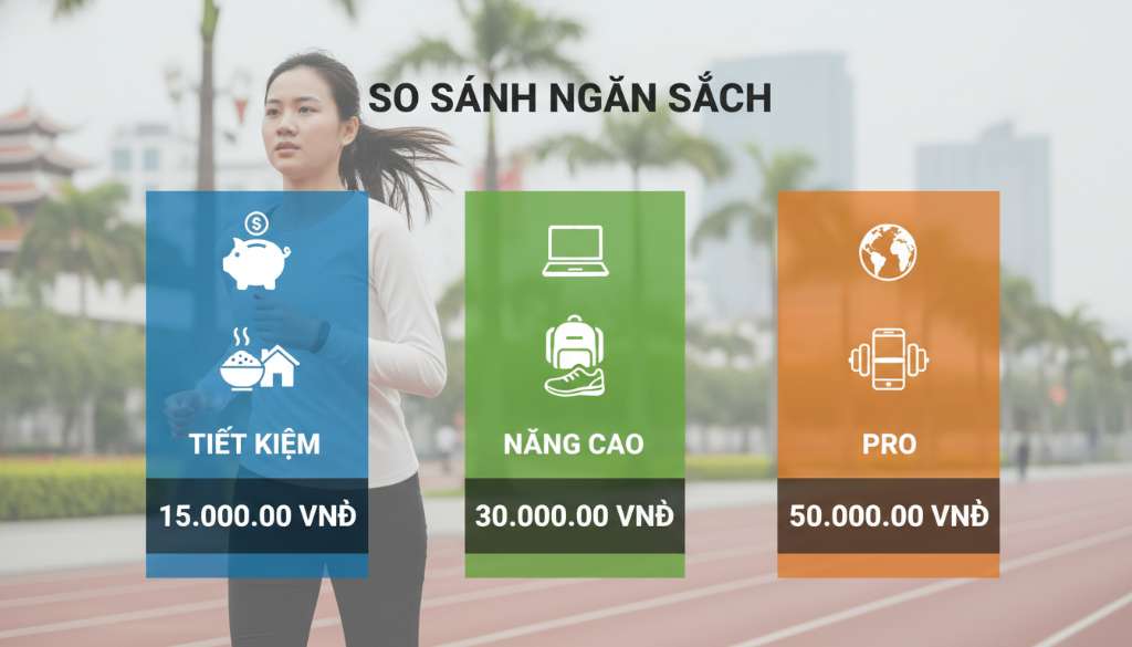 Một biểu đồ Infographic hiện đại so sánh 3 cột ngân sách: Tiết kiệm, Nâng cao và Pro. Mỗi cột có icon minh họa các món đồ và tổng số tiền nổi bật trên nền ảnh mờ một runner đang chạy trên đường đua.