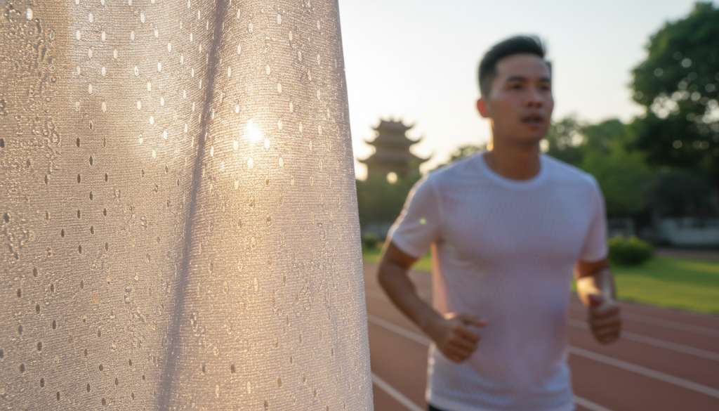 Ảnh chụp macro cận cảnh bề mặt vải của một chiếc áo chạy bộ cao cấp, hiển thị rõ các lỗ thông khí li ti được cắt bằng laser và các sợi vải công nghệ cao. Ánh sáng xuyên thấu qua lớp vải mỏng.