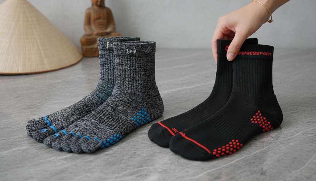 Hình ảnh một đôi tất xỏ ngón Injinji và một đôi tất nén Compressport đặt cạnh nhau trên một nền đá xám sang trọng. Bố cục tối giản, làm nổi bật các chi tiết dệt đặc biệt ở gót và mũi chân.