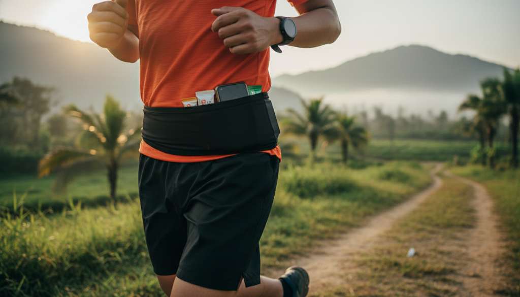 Một runner đang chạy ở góc nghiêng, tiêu cự tập trung vào chiếc đai đeo hông dạng ống ôm sát vòng eo, bên trong gài gọn gàng điện thoại và các gói gel, thể hiện sự chắc chắn và không rung lắc.